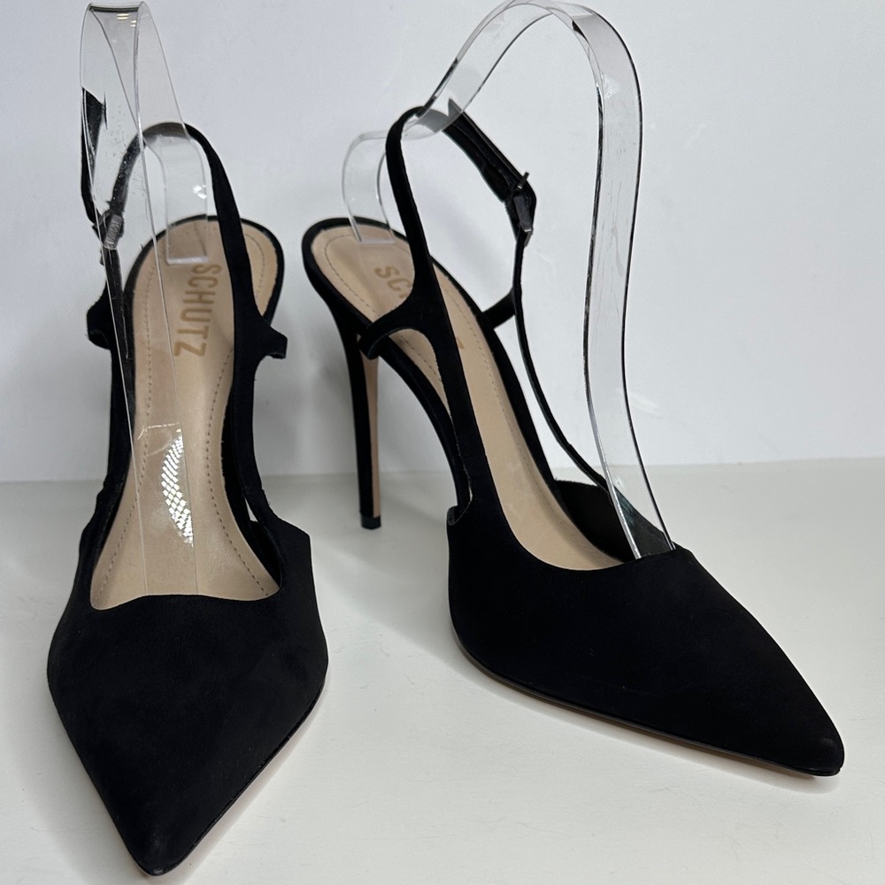 Schutz Boris Black Slingback Buckle Nubuck Leather Pump Heels Size 8.5